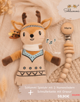 Schlummi Spieluhr Reh & Schnullerkette Beige / rose mit Namensgravur – personalisiertes Geschenkset