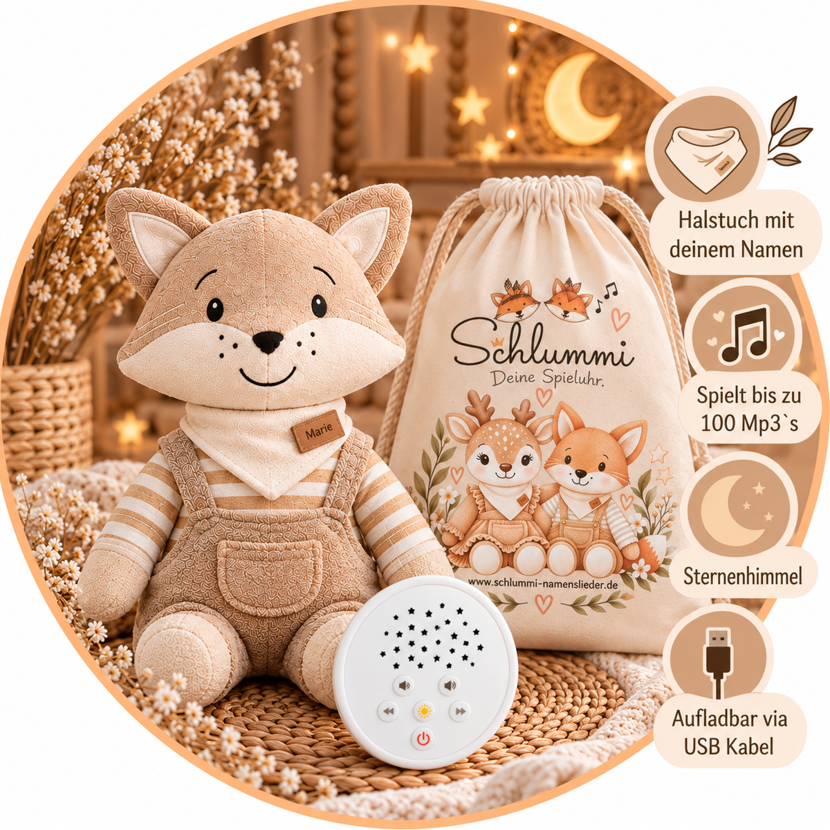 Deluxe Schlummi Spieluhr Fuchs mit zwei Namensliedern und Stoffbeutel