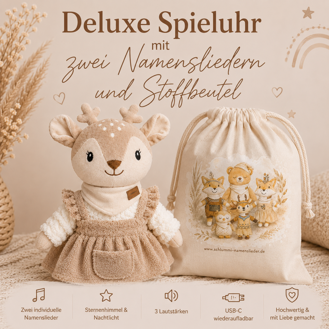 Deluxe Schlummi Spieluhr Reh mit zwei Namensliedern und Stoffbeutel