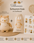 Schlummi Spieluhr Eule mit zwei Namensliedern, Stoffbeutel und Affirmationsstickern - ganz persönliche Lieder nur für dein Kind