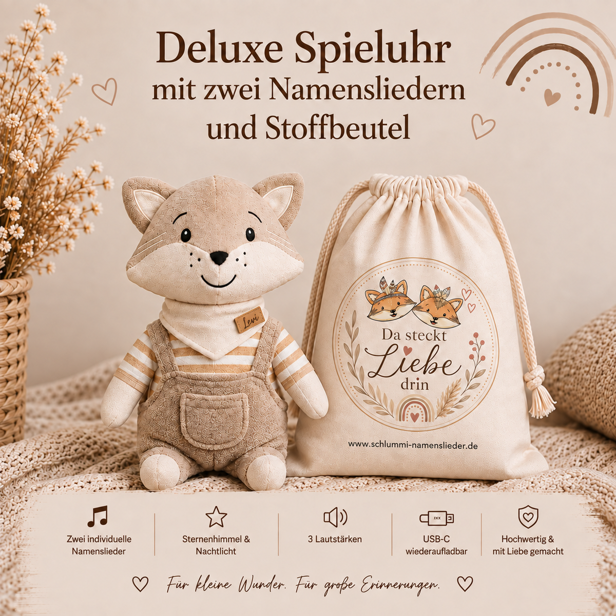 Deluxe Schlummi Spieluhr Fuchs mit zwei Namensliedern und Stoffbeutel