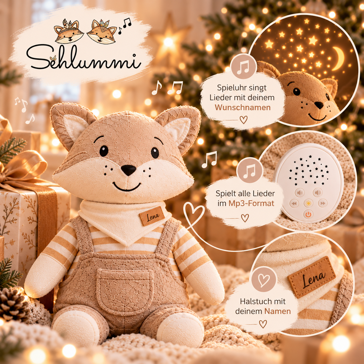 Deluxe Schlummi Spieluhr Fuchs mit zwei Namensliedern und Stoffbeutel