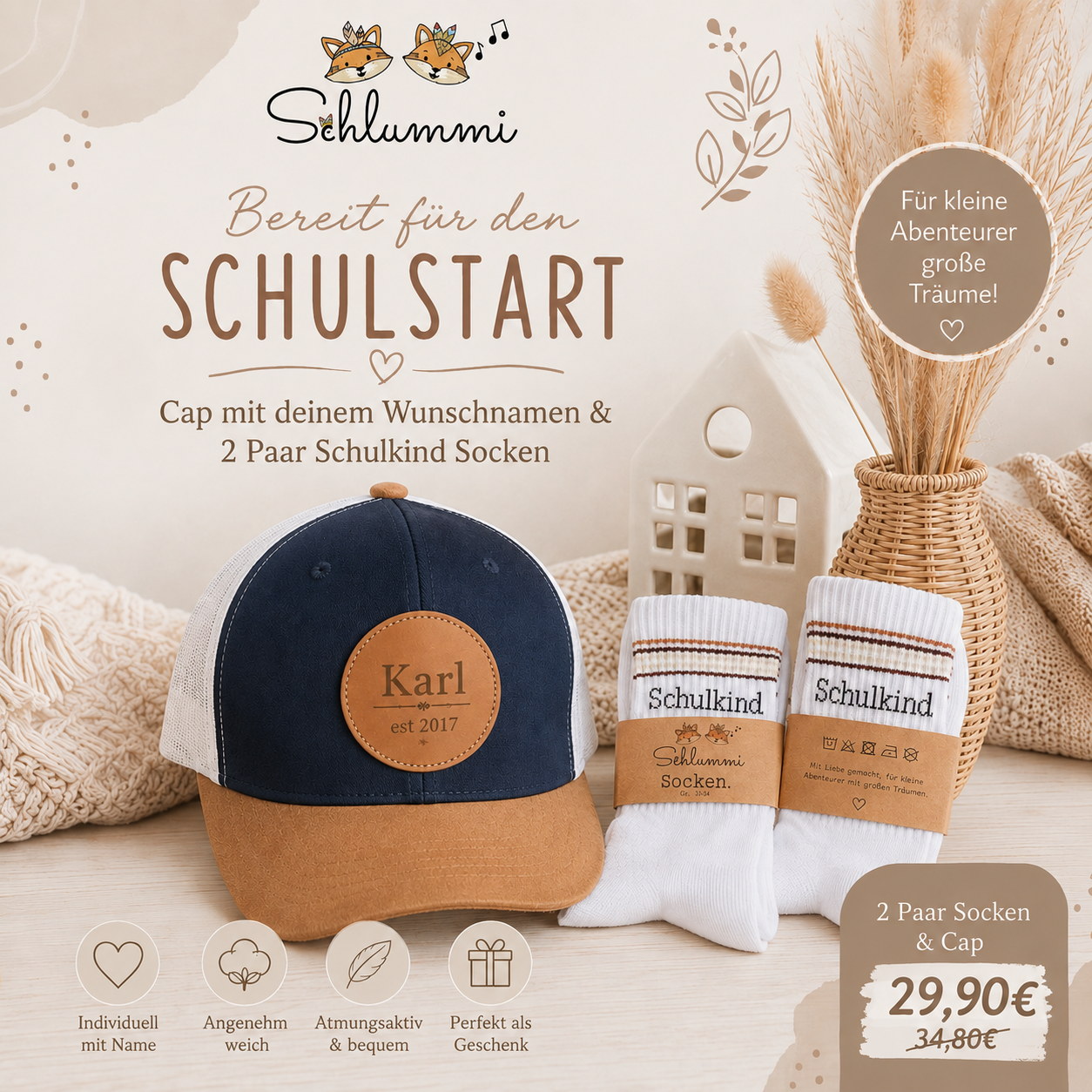 Schulkind-Set – Personalisierte Cap &amp; 2 Paar Schulkind-Socken