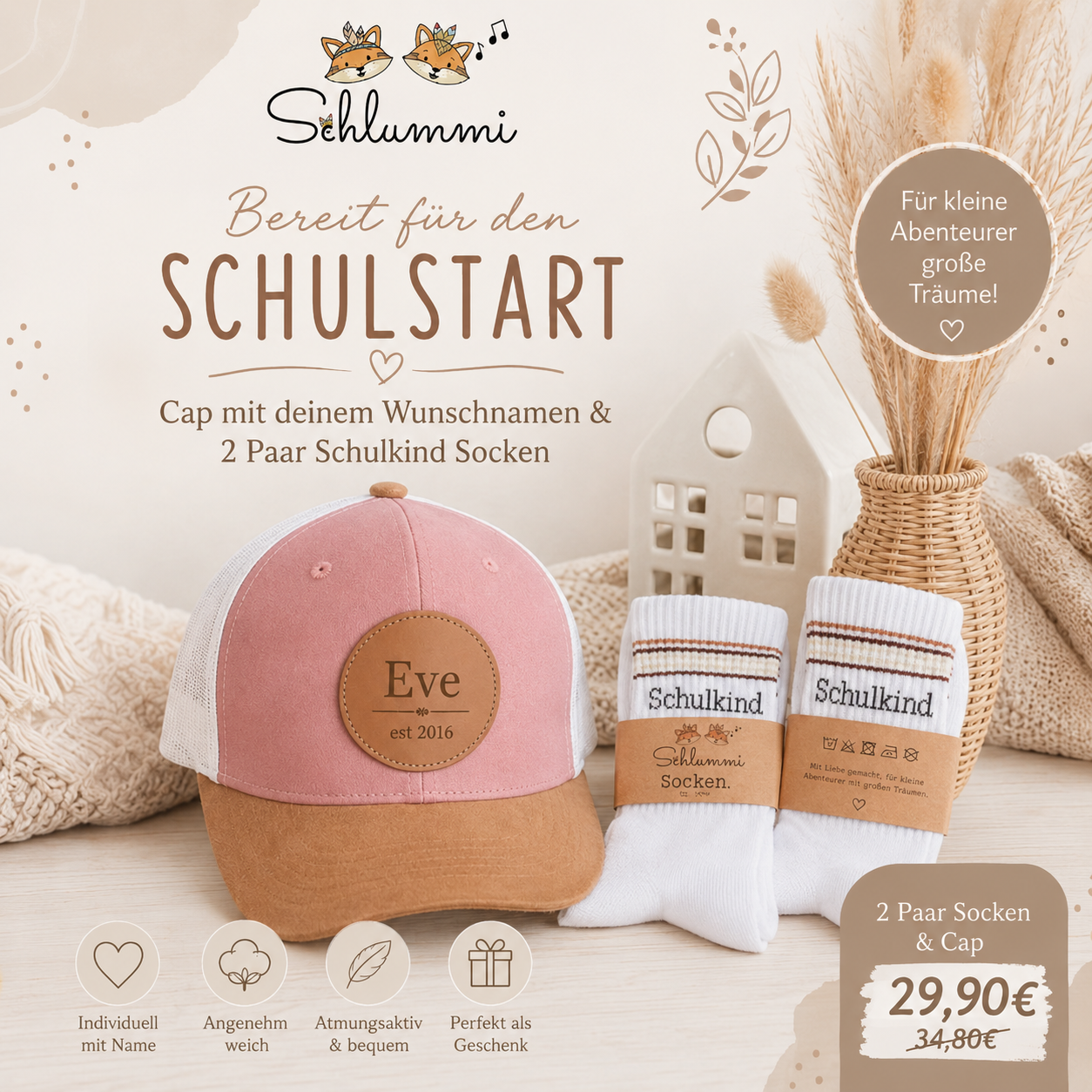 Schulkind-Set – Personalisierte Cap &amp; 2 Paar Schulkind-Socken