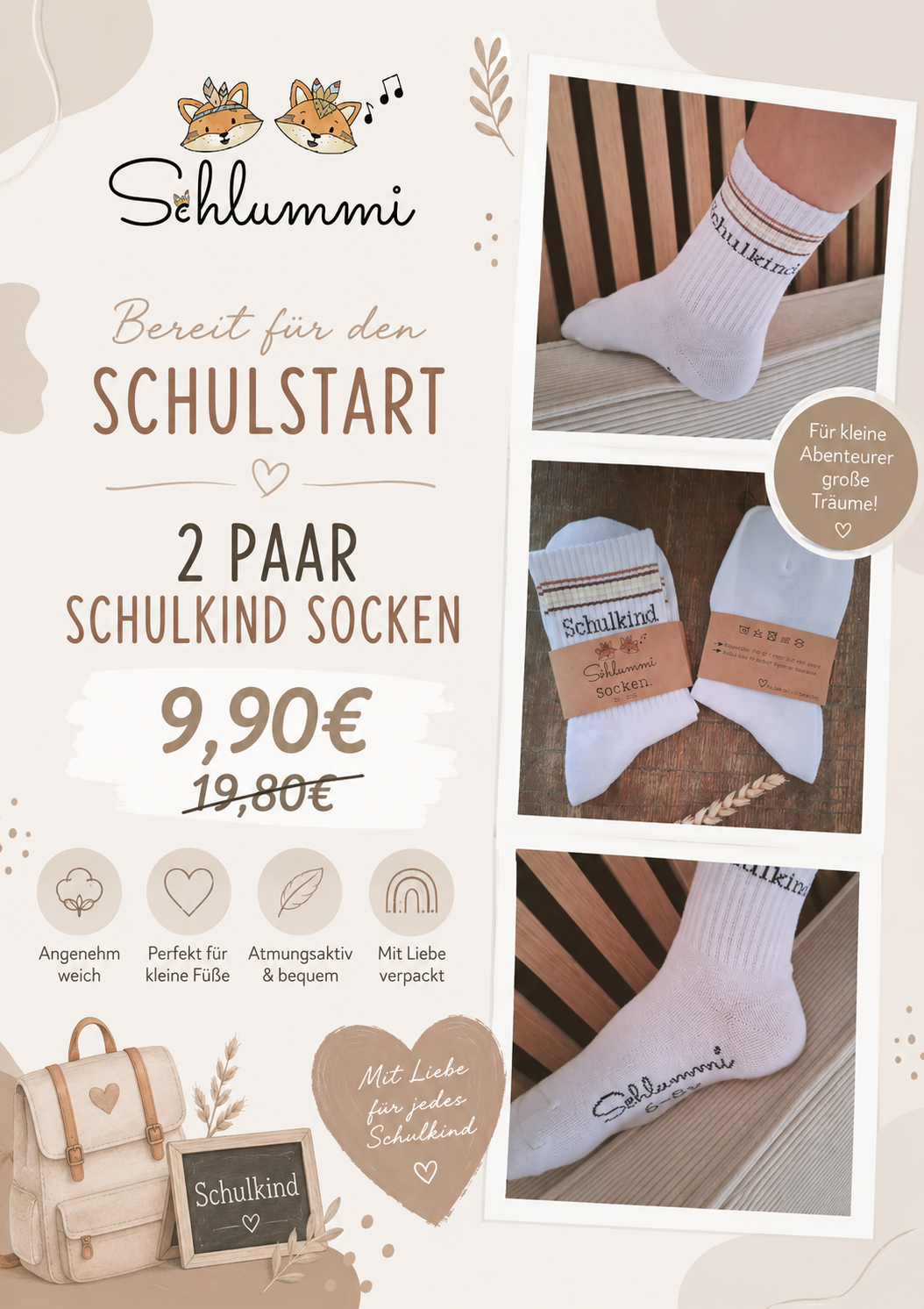 2 Paar Schulkind Socken, Socken zur Einschulung