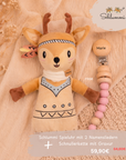 Schlummi Spieluhr Reh & Schnullerkette Beige / rose mit Namensgravur – personalisiertes Geschenkset