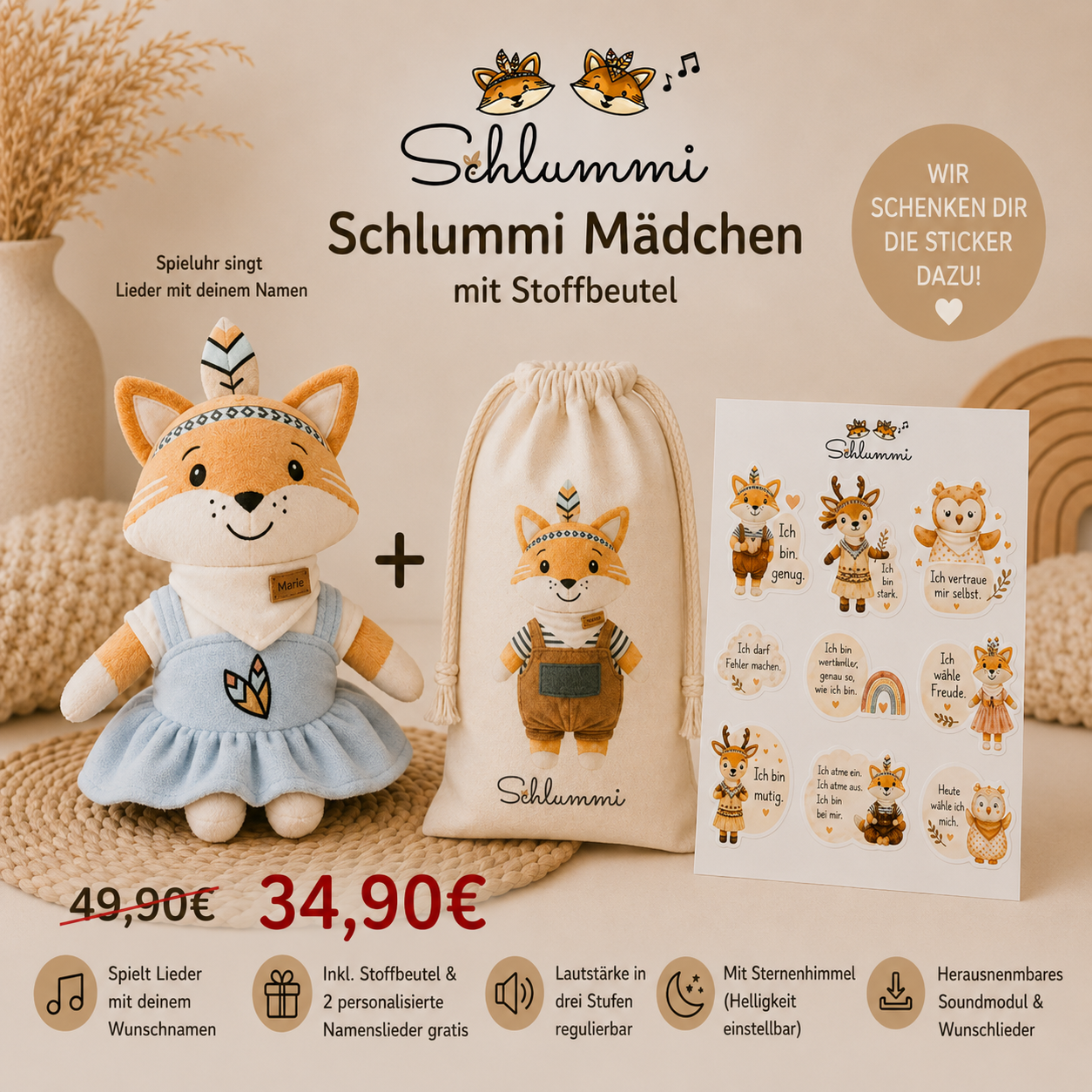 Schlummi Spieluhr Fuchs Mädchen mit zwei Namensliedern, Stoffbeutel und Affirmationsstickern - ganz persönliche Lieder nur für dein Kind