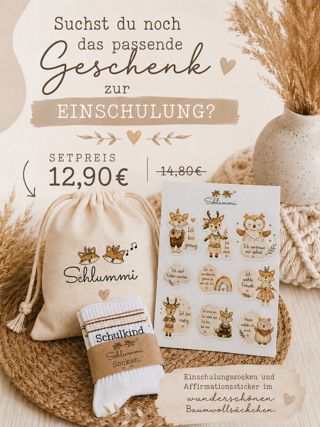 Geschenkset zur Einschulung – Schulkind-Socken &amp; Affirmationssticker im Baumwollsäckchen